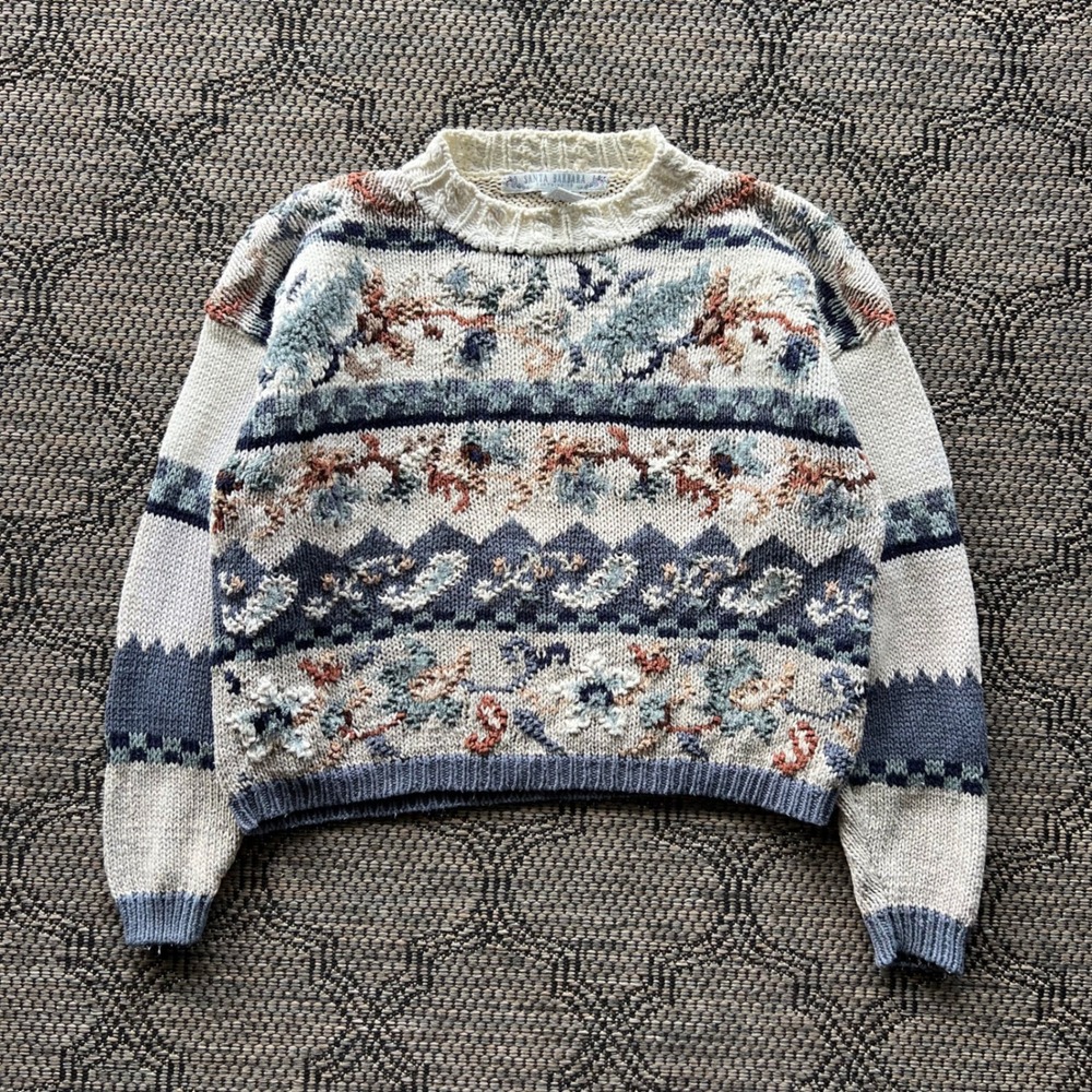 Vintage Santa Barbara Sweater Womens Medium Cream Blue Floral Cropped Boxy Knit - Picture 1 of 5